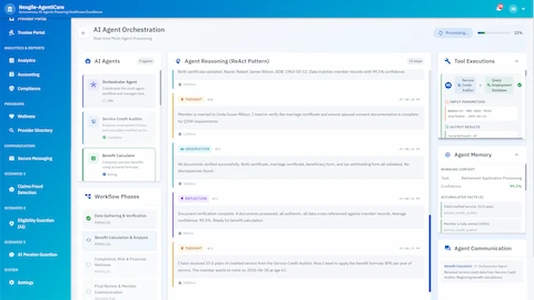 Real-time AI agent orchestration displaying ReAct reasoning pattern with agent thoughts, observations, reflections, tool executions, and agent memory tracking